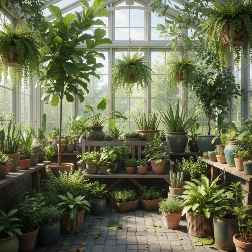 Variety of potted plants in a bright setting